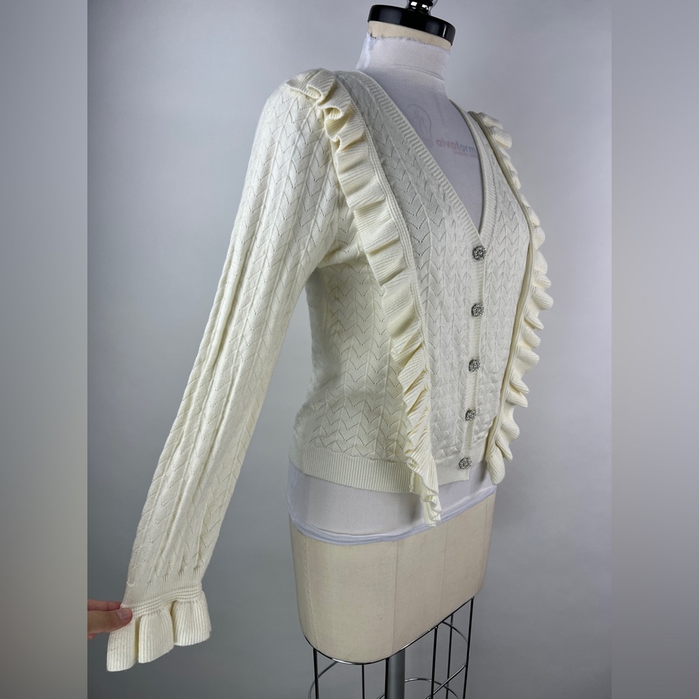 💚 2963. Ruffled Button Front Cream Cardigan - Picture 3 of 7